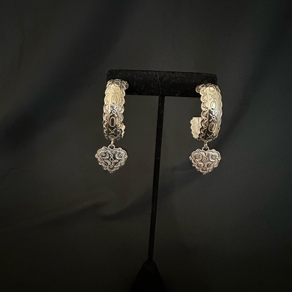 Sterling Silver, Half Hoop With a Dangling Heart,
Southwestern Design Earrings